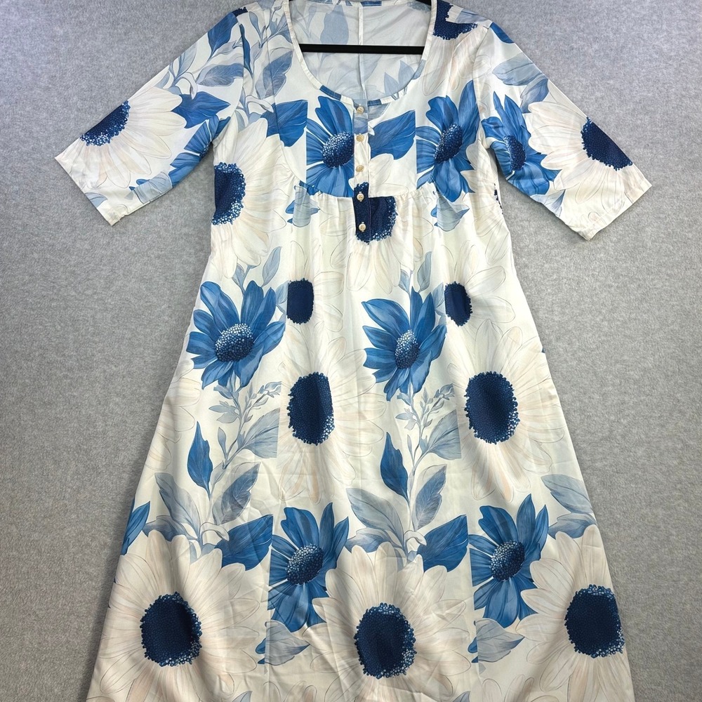 Blue White Floral Sunflower Midi Dress M 3/4 Sleeve Button Front Pockets Womens
